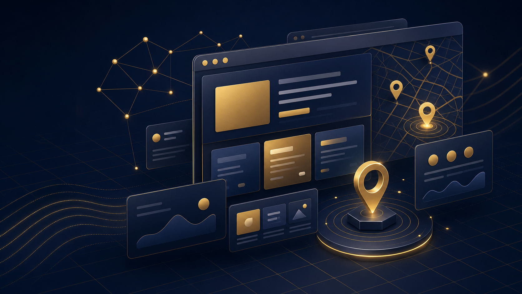 Abstract website strategy and local search visual with gold grid accents